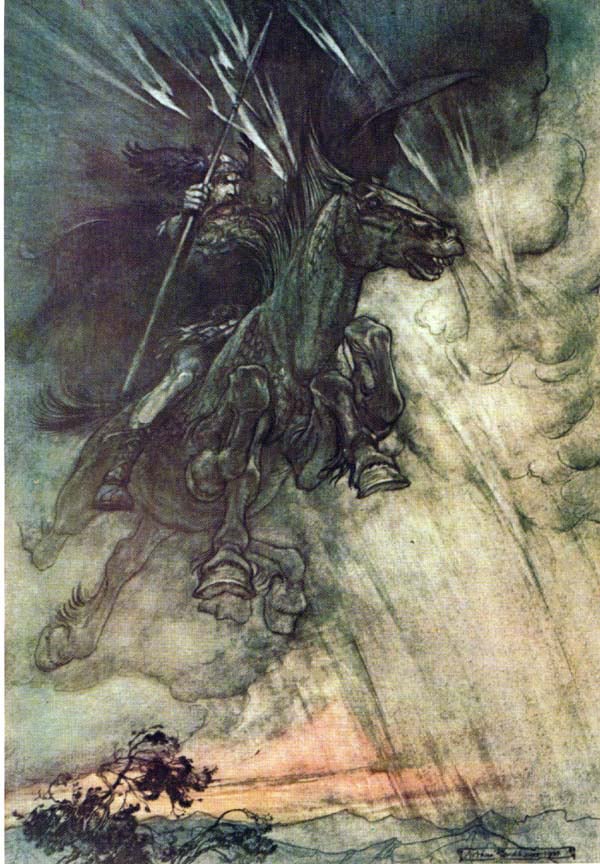 Odín sobre Sleipnir portando a Gungnir