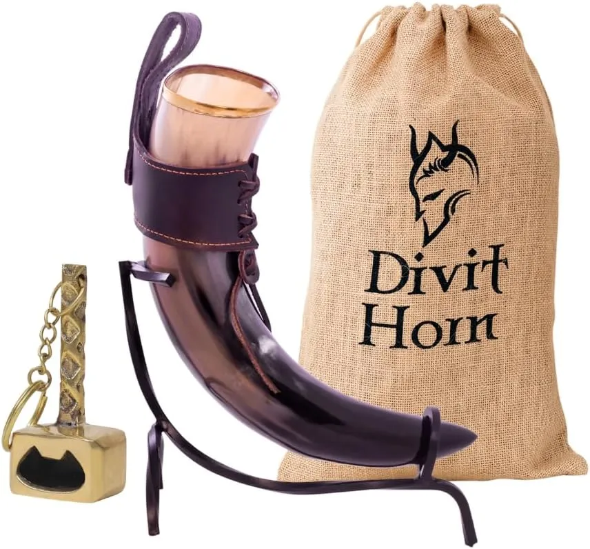 Los 7 mejores cuernos vikingos para beber en 2026 (Guía y comparativa) 6 cuerno con bolsa y soporte